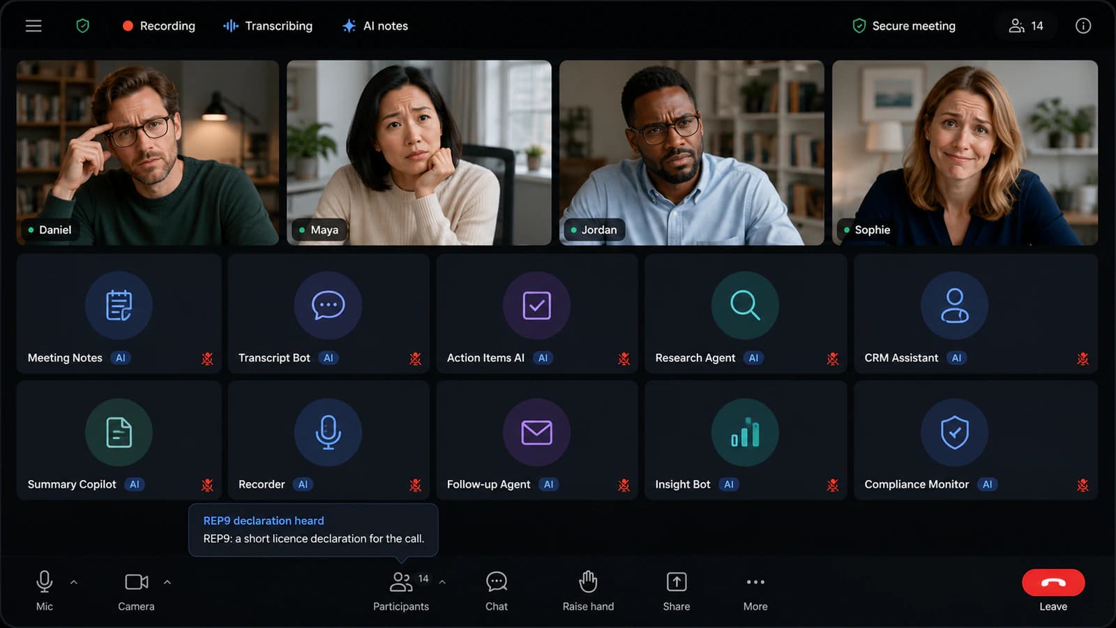 Video meeting interface with four human participants and ten AI agents for notes, transcription, actions, research, recording, follow-up, insights, CRM, and compliance.